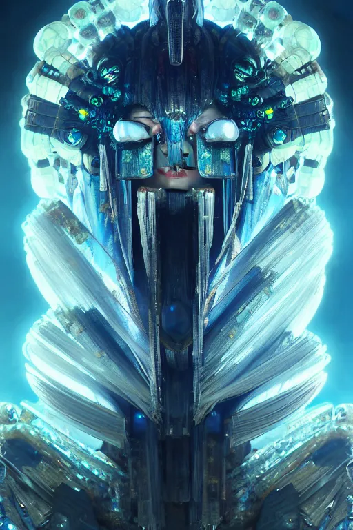 Image similar to asura from chinese myth, ghost, gorgeous and huge head ornaments, dystopian, cyberpunk, organic fractal mycelum and fungi, mecha, halfturn portrait of a big crystal face made of crystals half - turn, ominous, intricate, studio, art by anthony macbain + greg rutkowski + alphonse mucha, concept art, 4 k, sharp focus