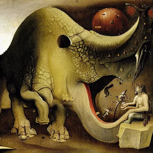 Image similar to Stunning painting of a triceratops by Hieronymus Bosch, high detail