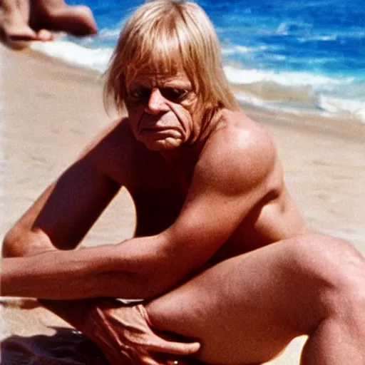 Image similar to Klaus Kinski is a bikini model, location is Mallorca , medium shot, high quality photography, hyper detailed, hyper realistic