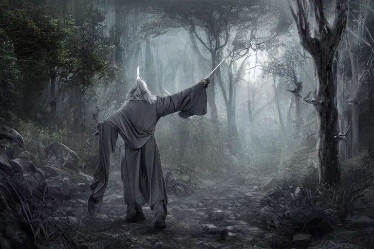 Prompt: ancient wizard Gandalf the grey walking through the forest as a dark figure in robes during a beautiful sunset, jungle mountains in the background with huge incredibly immense trees, highly detailed, trending on art station, flying birds in the distance, ancient forest like fanal forest or fangorn forest, misty forest, realistic painting, sharp image, jurassic image, hyper realistic art, highly detailed leaves, cinematic