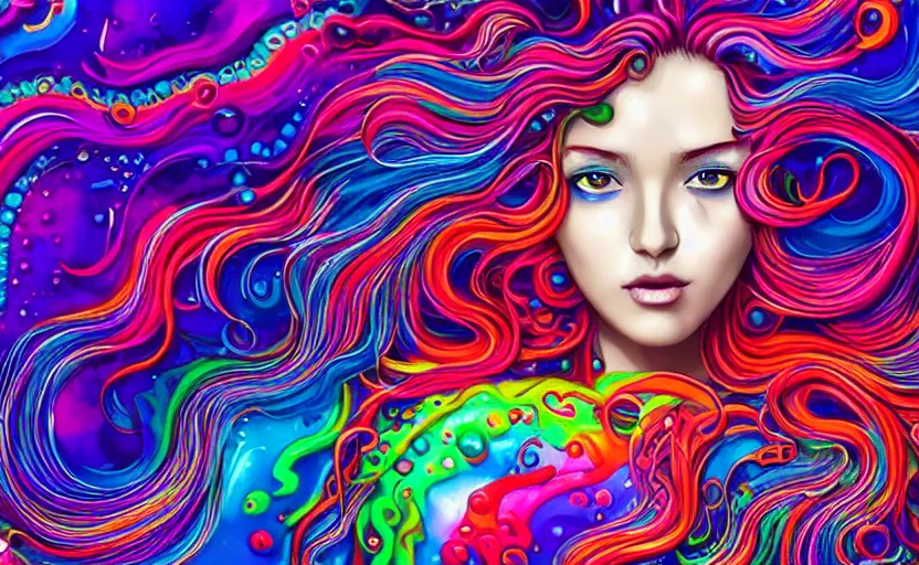 Image similar to a digital painting of a woman with colorful hair made of curly and splashing liquid and bubbles, intricate mechanical details, futuristic, a pop art painting by tomokazu matsuyama, behance contest winner, psychedelic art, psychedelic, 2 d, digital illustration, trending on artstation, anime stylized, accurate fictional proportions, high delicate defined details, ethereal lighting