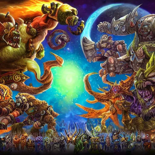 Image similar to an artistic depiction of the whole universe of world of warcraft, very detailed, high resolution, incredible art