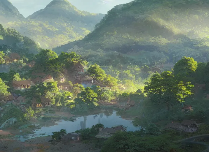 Image similar to concept art painting of a distant small woodland village in a valley seen from above, early morning, european japanese buildings, beside a river, cel shaded, detailed, realistic, by makoto shinkai and moebius and greg rutkowski and james gurney