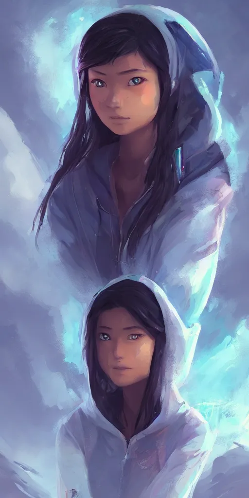 Image similar to beautiful young Himalayan woman, sad, futuristic, somber, iridescent sci-fi hoodie, by Makoto Shinkai and Wojtek Fus, by studio trigger, rossdraws, ambient occlusion