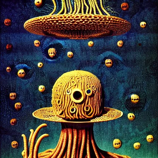 Image similar to flying spaghetti monster wearing colander as a hat, creating the universe, by otto dix, junji ito, hr ginger, jan svankmeyer, beksinski, claymation, hyperrealistic aesthetic, masterpiece