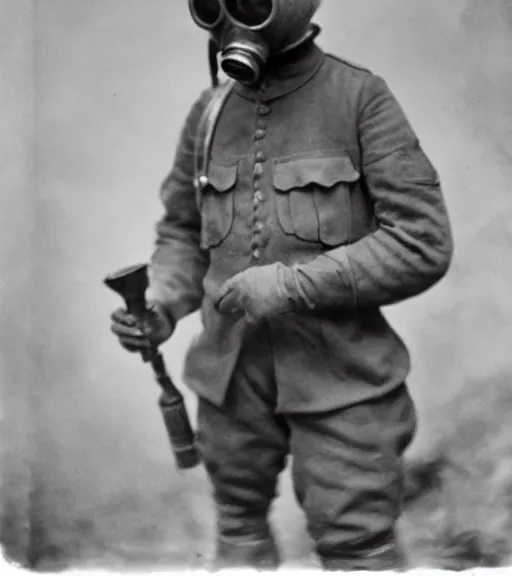 Image similar to a man in a chemical suit and gas mask, ww1 film photo, grainy, high detail, high resolution