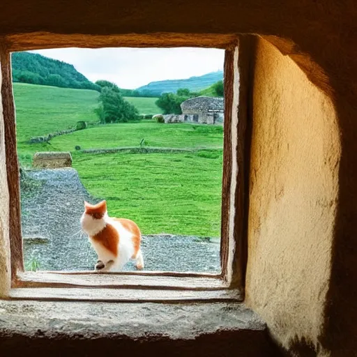 Prompt: sill life with a cat inside a medieval house with an open door and a window and the landscape in background