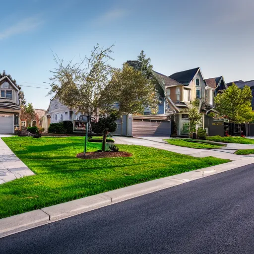 Image similar to photo of a suburban American neighbourhood with the roads and pavements made of pure gold, 4k UHD, 35mm f/5.0 H 576