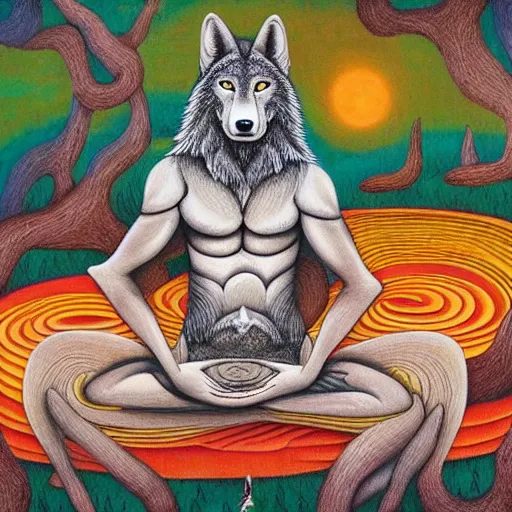 Image similar to an anthromorphic wolf man meditating in a zen garden, by amanda clark and amanda sage in a psychedelic style, oil on canvas