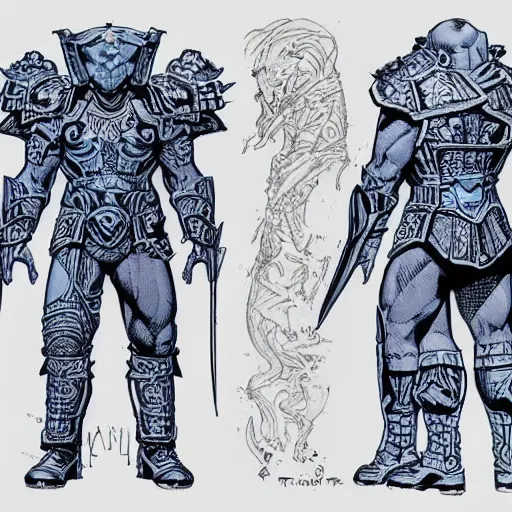 Image similar to white-on-blue blueprint with anotations of ornate armor legs covered in runic tattoos, Travis Charest style