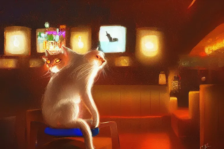 Prompt: a digital art of close up of a cat sits on a chair in a bar, animal, light effect, highly detailed, by anton fadeev