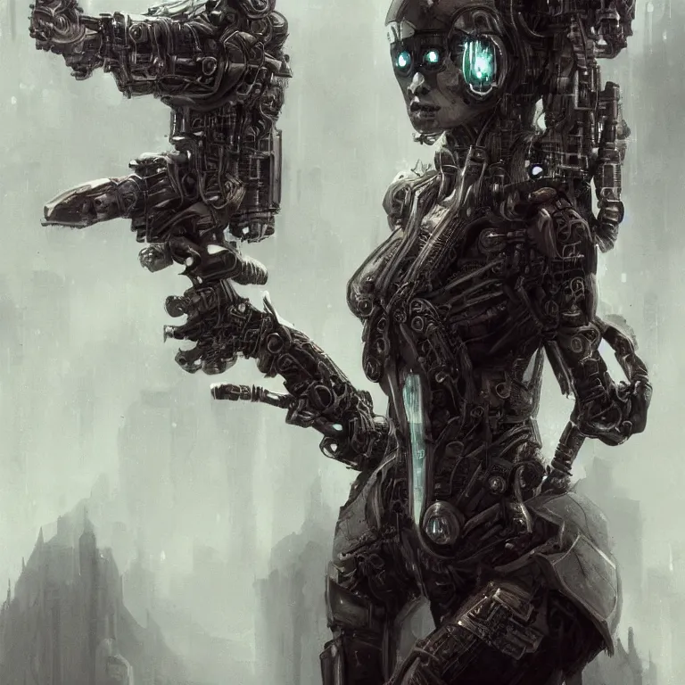 Prompt: cybernetic priestess, cyberpunk, gothic, fantasy, science fiction, character concept art, matte painting, hyperdetailed, realistic, creepy, atmospheric, cinematic, kinemacolor