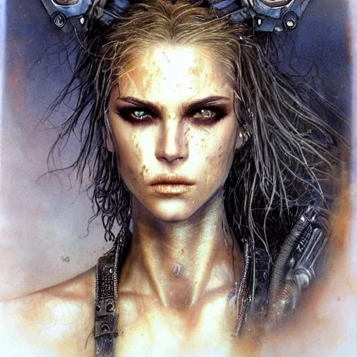 Image similar to an award finning closeup facial portrait by luis royo and john howe of a very beautiful and attractive female bohemian cyberpunk traveller aged 1 7 with green eyes and freckles in clothed in excessively fashionable cyberpunk gear and wearing ornate warpaint