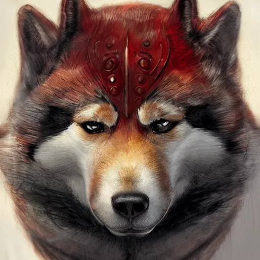 Image similar to anthropomorphic shiba inu, berserk anime : the berserker armor and the dragon slayer sword, red black aura, fantasy, dark, portrait art by donato giancola and greg rutkowski, realistic face, digital art, trending on artstation, symmetry