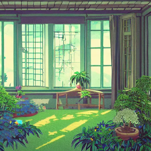 Prompt: Very detailed photoillustration of a meditative room in the warm morning sunlight with windows showing a beautiful garden, studio Ghibli, Wes Anderson