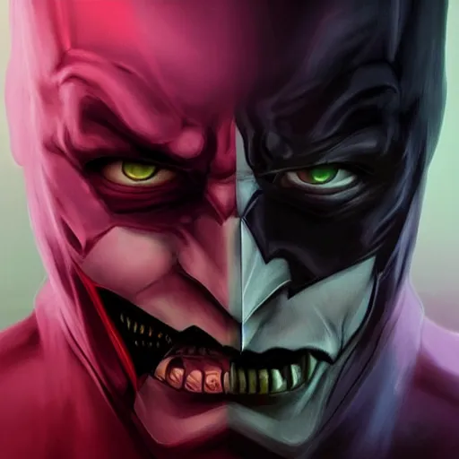 Prompt: half Batman half joker face, digital painting, amazing detail, artstation, cgsociety