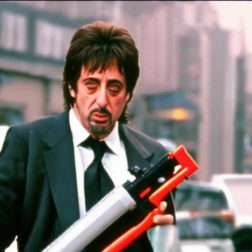 Prompt: Realistic photo of Al Pacino in Scarface, holding a Super Soaker