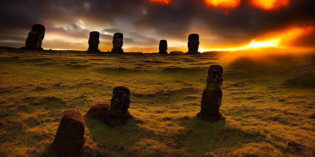 Image similar to amazing landscape photo of astronaut in easter island at dawn by Marc Adamus beautiful dramatic lighting