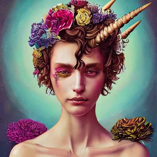 Image similar to Lofi biopunk portrait beautiful woman with short brown curly hair, roman face, unicorn, rainbow, floral, Pixar style, Tristan Eaton, Stanley Artgerm, Tom Bagshaw