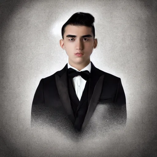 Prompt: 1 6 year old black suit white shirt, black bowtie, black haired royal garment man, determined, fearless, sharp looking portrait, digital art