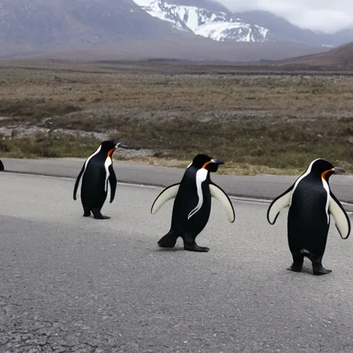 Prompt: penguins in bandanas walking across the road