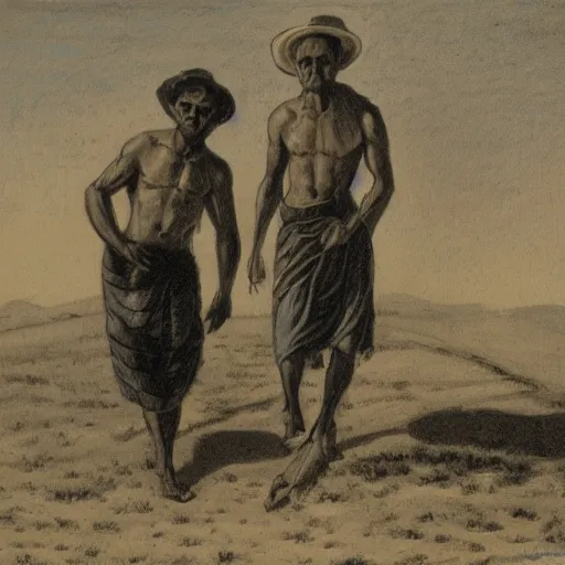 Image similar to Three men carrying a chest in the desert by finlay virgil