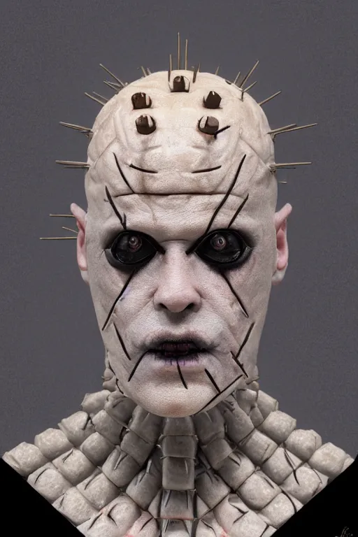 Prompt: Hyper realistic portrait of a Hellraiser cenobite, Dark Studio Lighting, fog, by Emil Melmoth, Trending on Artstation, 8k