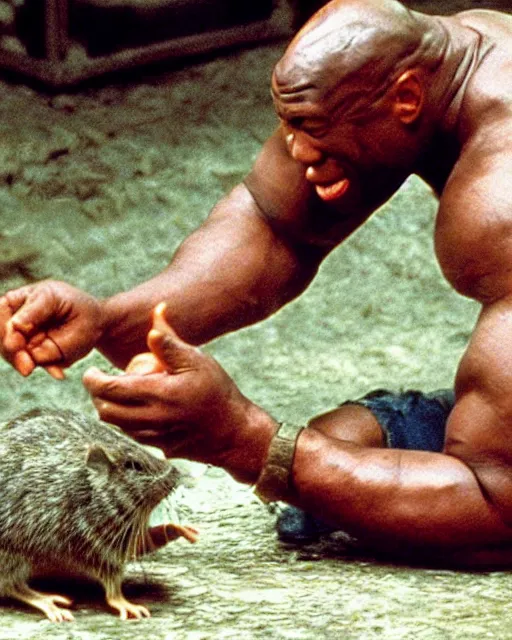 Image similar to film still close - up shot of dwayne johnson as john coffey petting a mouse in the movie the green mile. photographic, photography