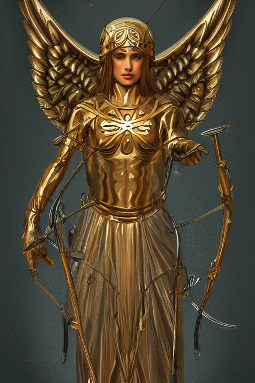 Image similar to Old angel symbol of archangel Gabriel. Symbol made out of metal. Cooper lining ,intricate, elegant, highly detailed, digital painting, artstation, concept art, smooth, sharp focus, illustration, art by Ilja Repin