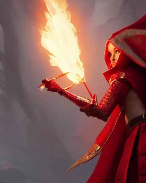 Image similar to close up character portrait of a female elf priest in a scale mail and a red cape casting a fire spell in a shape of a dragon, by greg rutkowski, trending on artstation, unreal engine 4 k, 8 0 mm, 8 5 mm, cinematic wallpaper