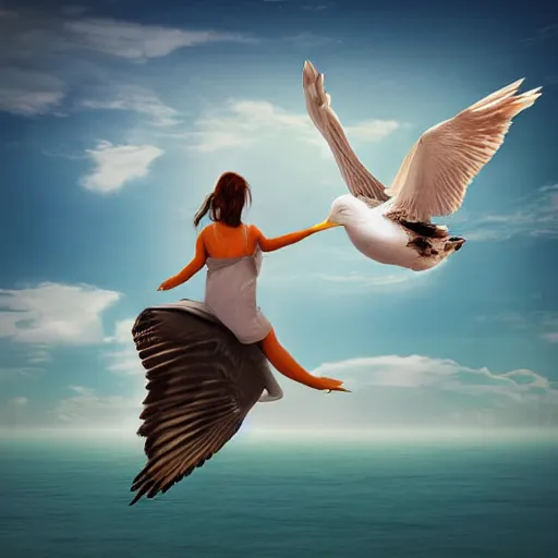 Prompt: Digital art of a woman riding a giant seagull in the sky