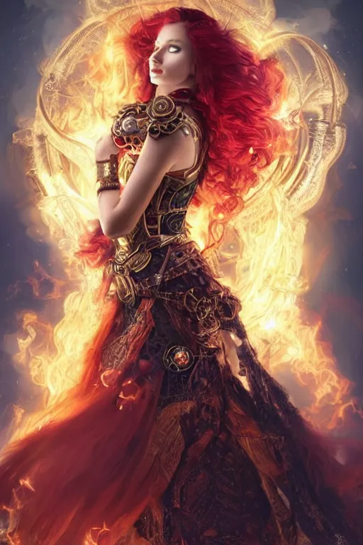 Image similar to a beautiful image of a young woman, steampunk Chandra queen of fire, big googles over her head, long flowing hair flowing with fire, steampunk costume mostly red and gold young female face, cinematic top lighting, insanely detailed and intricate, face by wlop, Charlie Bowater, golden ratio, symmetric, elegant, ornate, luxury, elite, matte painting, cinematic, trending on artstation, deviantart and cgsociety, 8k, high resolution