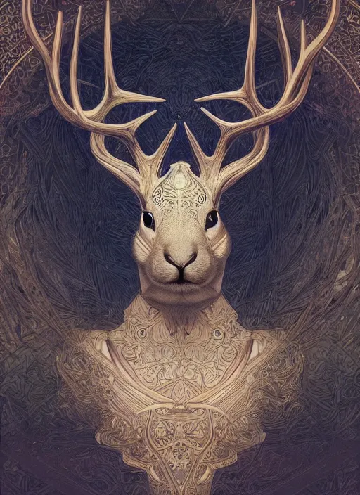 Image similar to Geometric Rabbit with antlers, intricate, elegant, highly detailed, digital painting, artstation, concept art, smooth, sharp focus, illustration, art by artgerm and greg rutkowski and alphonse mucha