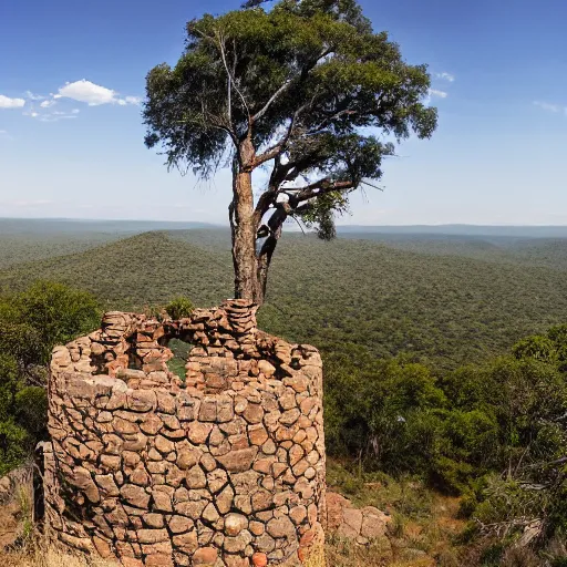 Image similar to eagle sitting on top of zimbabwe conical tower ruins, wide angle