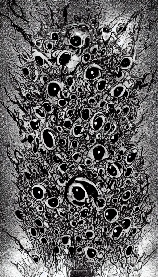 Image similar to a storm vortex made of many demonic eyes and teeth, by jason de graaf