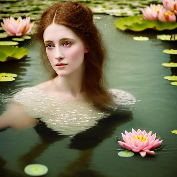 Image similar to Kodak Portra 400, 8K, soft light, volumetric lighting, highly detailed, britt marling style 3/4 ,portrait photo of a beautiful woman how pre-Raphaelites painter, the face emerges from the water of a pond with water lilies, inspired by Ophelia paint , a beautiful lace dress and hair are intricate with highly detailed realistic beautiful flowers , Realistic, Refined, Highly Detailed, natural outdoor soft pastel lighting colors scheme, outdoor fine art photography, Hyper realistic, photo realistic