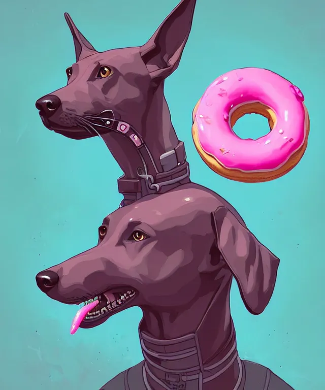 Image similar to a portrait of an anthropomorphic cyberpunk greyhound dog eating a pink donut, cyberpunk!, fantasy, elegant, digital painting, artstation, concept art, matte, sharp focus, illustration, art by josan gonzalez