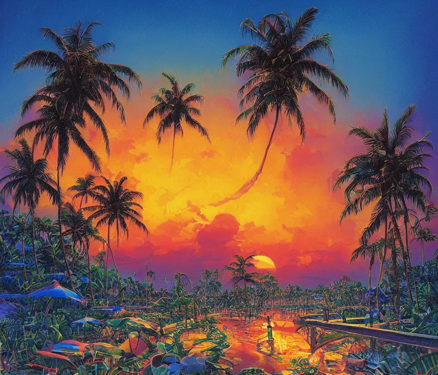 Image similar to a tropical paradise beach filled with palm trees and exotic flowers at sunset by paul lehr, detailed line drawing, intricate, hd, digital art, complementing colors, detailed, illustration painting by alex gray, digital art, moebius