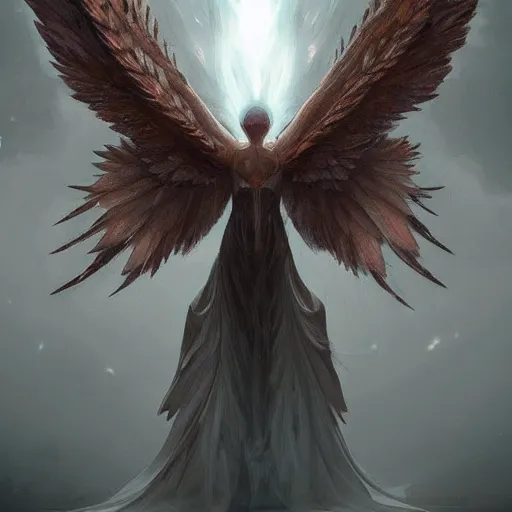 Prompt: giant imposing seraphim with many eyes and many wings, eyes everywhere, hyper realistic, glowing, terrifying, artstation