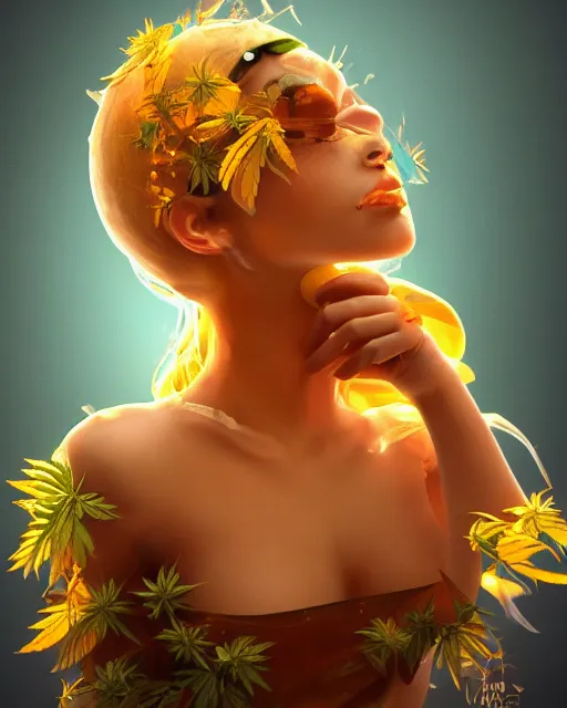 Image similar to beautiful marijuana as honey, made of honey, wearing honey - themed miniskirt, award winning creature portrait photography, extremely detailed, artstation, 8 k, sensual lighting, incredible art, wlop, artgerm, backlit, rim lighting, hi - fructose