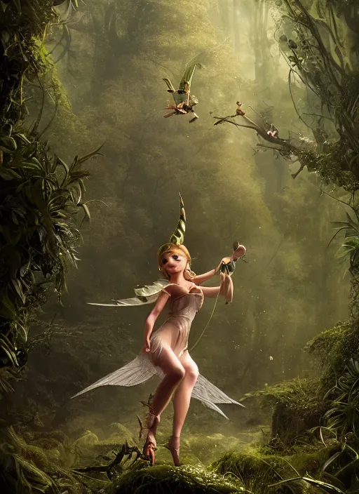 Image similar to evil tinker bell flying in an enchanted forest, flawless symmetrical pretty cute face, greg rutkowski, 8 k, shallow depth of field, intricate detail, concept art,