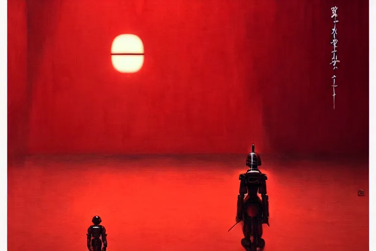 Image similar to only with red, a red samurai droid, tokio futuristic background, yokai, in the style of beksinski, parts by edward hopper, parts by rodcenko, parts by yue minjun, intricate and epic composition, red by caravaggio, insanely quality, highly detailed, masterpiece, red light, artstation, 4 k