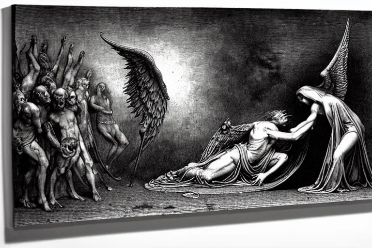 fallen angel begs to enter the gates of hell by | Stable Diffusion