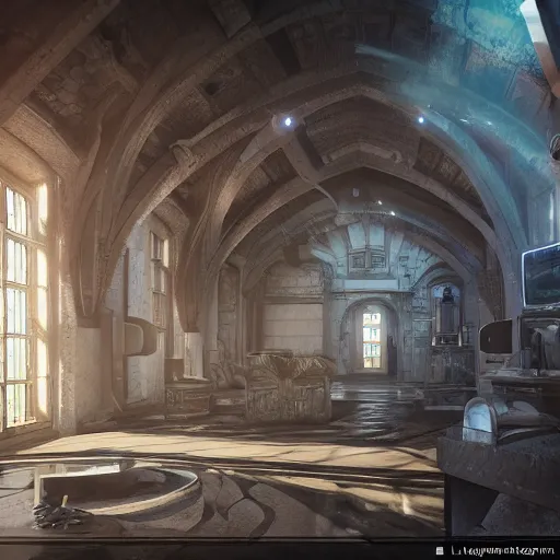 Image similar to ultra mega super hyper realistic Digital concept interior design of castle in futuristic style mixed with medieval style. More cyberpunk less medieval. Natural white sunlight from the transperient roof. Rendered in VRAY and DaVinci Resolve and MAXWELL and LUMION 3D, Volumetric natural light