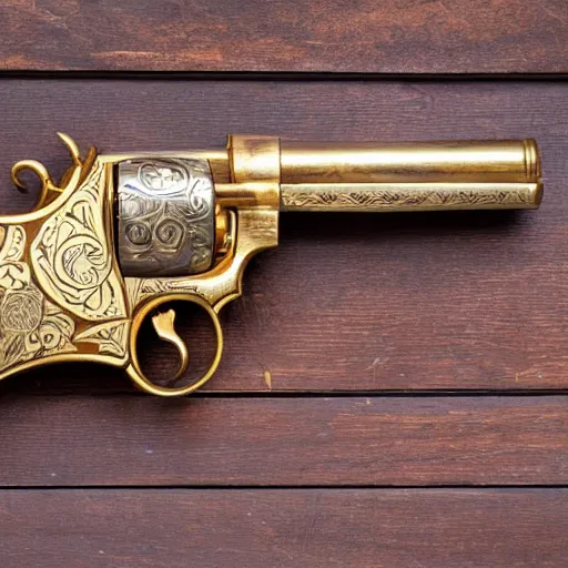 Prompt: golden revolver with engravings laying on a wooden table, high detail, complex