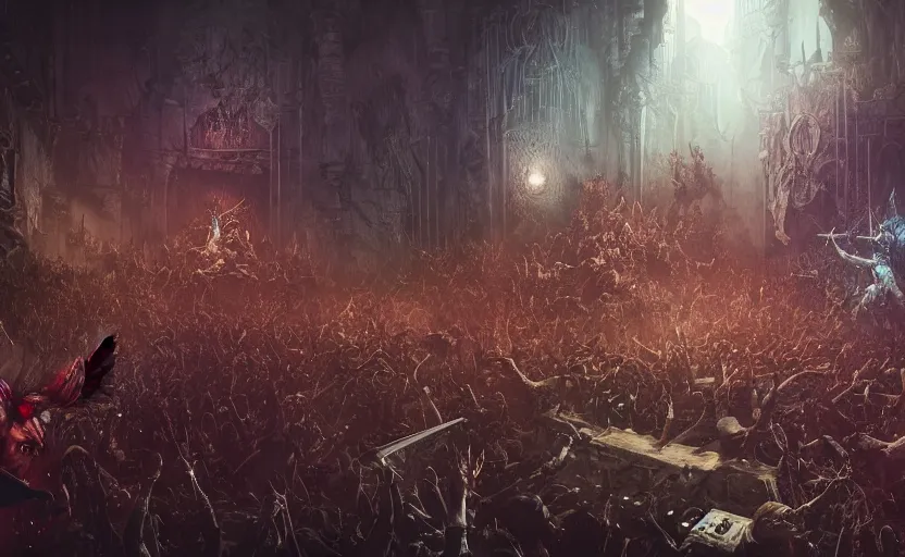 Prompt: a dark metal band performing a castle with a battle mosh pit of werewolves and vampires, moebius, greg rutkowski, zabrocki, karlkka, jayison devadas, phuoc quan, trending on artstation, 8 k, ultra wide angle, video game graphics, realistic art, zenith view, cyberpunk pincushion lens effect