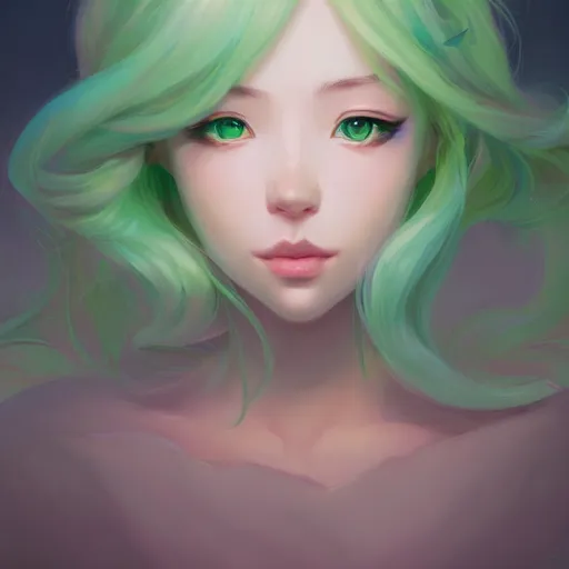 Prompt: a portrait of wlop, pastel green, art by lois van baarle and loish and ross tran and rossdraws and sam yang and samdoesarts and artgerm and saruei and disney and wlop, digital art, highly detailed, intricate, sharp focus, trending on artstation hq, deviantart, unreal engine 5, 4 k uhd image