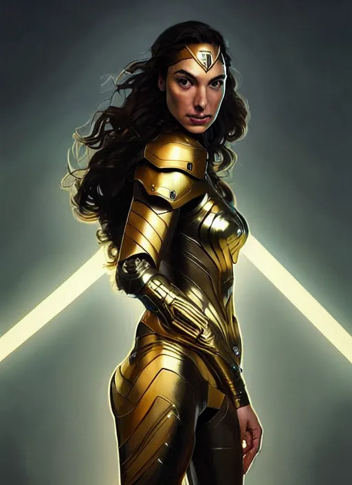 Prompt: symmetry!! portrait of gal gadot, gold sci - fi armour, tech wear, glowing lights!! sci - fi, intricate, elegant, highly detailed, digital painting, artstation, concept art, smooth, sharp focus, illustration, art by artgerm and greg rutkowski and alphonse mucha