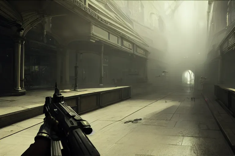 Image similar to a first person shooter game trailer on a victorian shopping mall, cinematic lightning, ray tracing, unreal engine 5, photorealistic, first person point of view, fps game concept art, detailed, moody, foggy