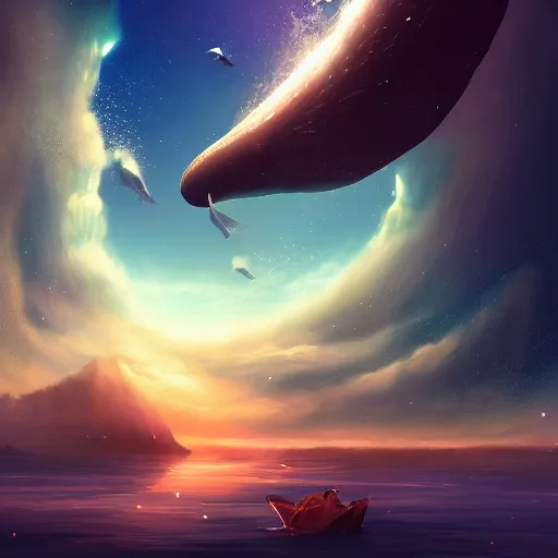 Prompt: a beautiful scenary of a fantasy world of a giant flying whale with the background of a milky way, artstationHD, digital painting, hyper detail, elegant, cinematic, epic lighting, very very very very beautiful scenery